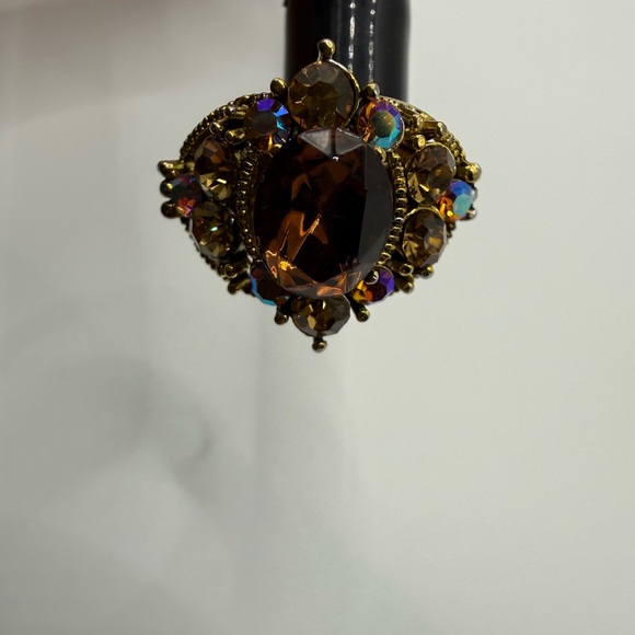 🛍️ Amber Statement Ring Adjustable Silver Tone Band Vintage Style Sparkle - Picture 4 of 7